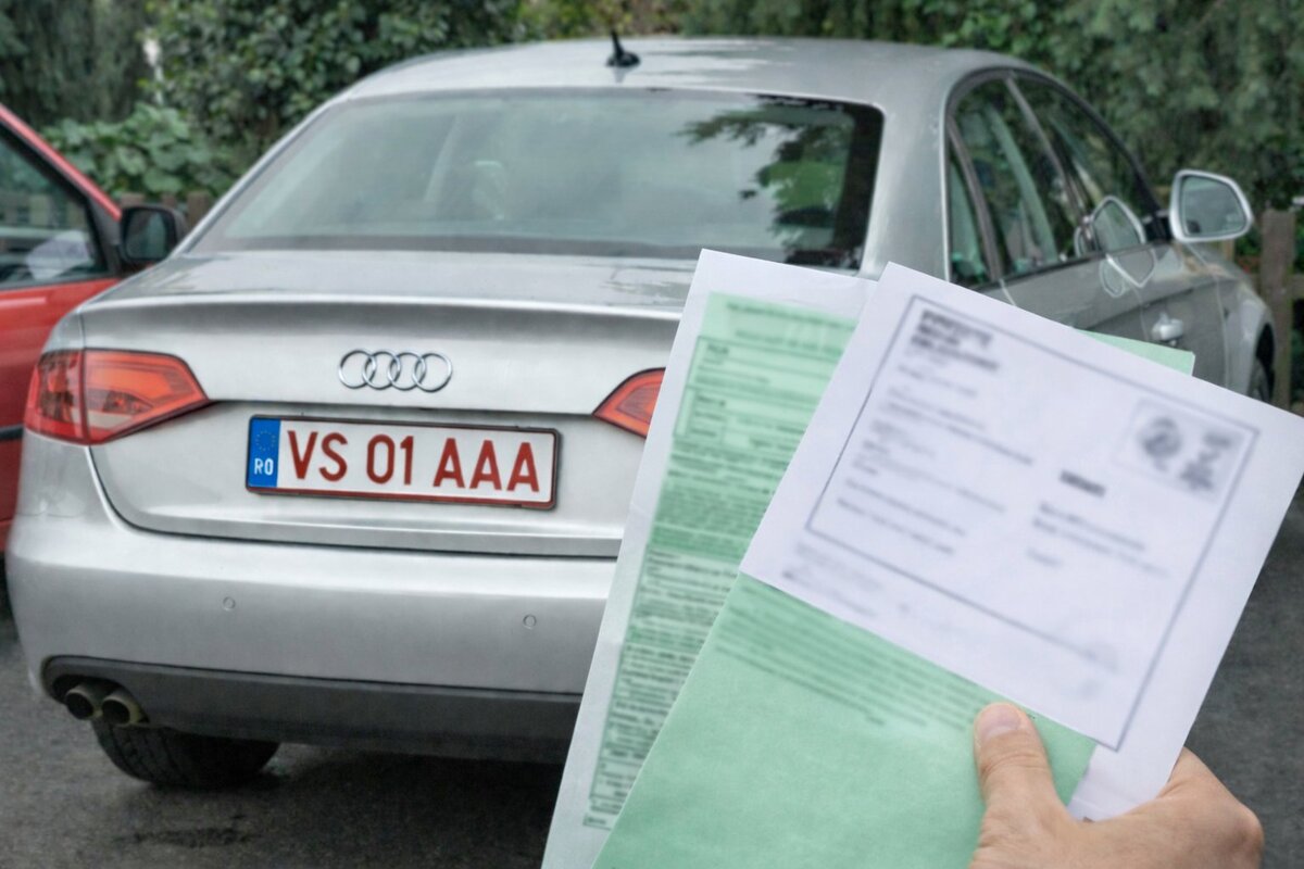 Mână ținând documente RCA și Carte Verde în fața unui Audi argintiu cu plăcuțe românești